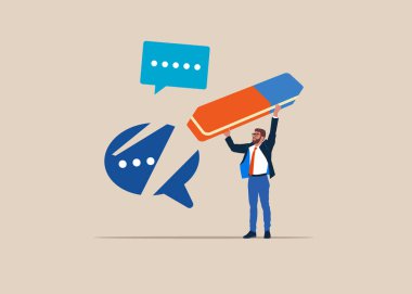 İşçi silgiyle konuşma balonunu kaldırdı. İstenmeyen iletileri engelle, bilinmeyen göndericilerden gelen iletileri filtrele. Düz vektör illüstrasyonu