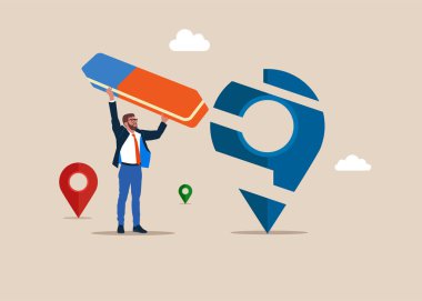 İşçi silgiyle yeni konum ofisini kaldırdı. Uzaktan veya uzaktan çalışma, sanal ofis veya herhangi bir yerde çalışma, serbest ya da çevrimiçi ofis. Vektör illüstrasyonu