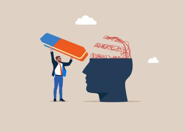 Psikolog, silgiyle karışık kaosu ortadan kaldırdı. Zihinsel sağlık tedavisi ya da psikoloji desteği, endişe veya depresyonu azaltmaya yardımcı olur. Düz vektör illüstrasyonu