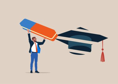 Öğrenci ve iş adamı, akademik şapkayı silgiyle çıkardılar. İşletme. Düz biçimli modern vektör illüstrasyonu. 