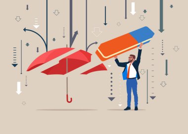 Silgiyle çalışan işçi şemsiyeyi kaldırdı. Düz biçimli modern vektör illüstrasyonu. 