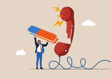 Silgiye sahip bir iş adamı öfkeli şikayet telefonunu kaldırdı. Müşteri şikayeti, ürün ya da hizmet probleminden memnuniyetsizlik, müşteriden öfkeli geri bildirim. Düz vektör illüstrasyonu