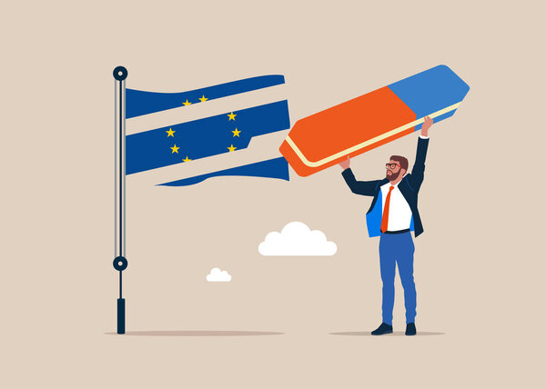 Politician removed flag European Union with eraser. EU economy collapse. Modern vector illustration in flat style. 