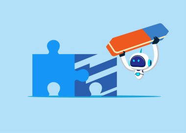 Robot silgiyle yapbozu kaldırdı. Düz biçimli vektör illüstrasyonu.