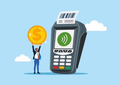 Öde. Dolar parası ve ödeme terminali olan bir işadamı ödemeyi, parayı ve güvenliği doğruladı. Düz vektör illüstrasyonu