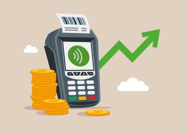 POS satış noktası kredi kartı ödemesi için bozuk para yığını ve ok grafiği ile birlikte. Finansal yönetim. Mali risk planlama hesaplanıyor. Düz biçimli modern vektör illüstrasyonu