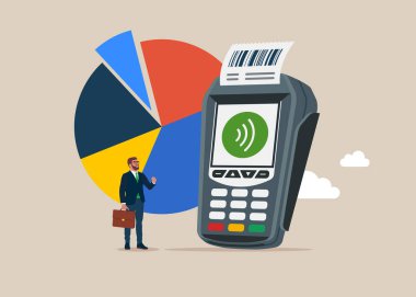 Kredi kartı ödemesi için POS satış noktası ve Pie çizelgesi olan bir işadamı. Yeni vergiler. Vergi ve bankacılık. Ödemeyi banka kartı, para ve güvenlik ile doğruluyor. Vektör illüstrasyonu