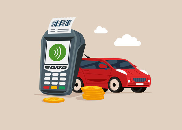 Car with POS point of sale terminal for credit card payment. Car credit calculation. Car budget. Modern vector illustration in flat style