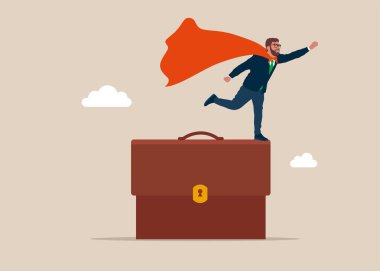 Hayalperest Süper Kahraman evrak çantasının üzerinde duruyor. Kariyer geliştirme planı, iş tanıtımı. Düz biçimli modern vektör illüstrasyonu. 