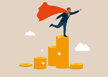 Hayalperest Süper Kahraman para yığınının üzerinde duruyor. En iyi işçi, cesaret. Düz vektör illüstrasyonu