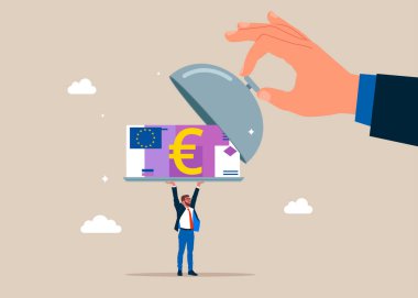 Euro banknotunu görmek için gümüş saati açın. Tasarruf, hesapta para toplama, açık banka mevduatı. İş, teknoloji ve yatırım için dünya ekonomik vizyonu. Düz vektör illüstrasyonu