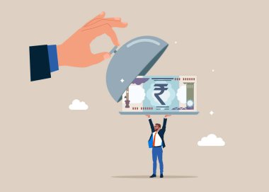 Hint Rupisi banknotunu görmek için gümüş saati açın. Tasarruf, hesapta para toplama, açık banka mevduatı. İş, teknoloji ve yatırım için dünya ekonomik vizyonu. Düz vektör illüstrasyonu