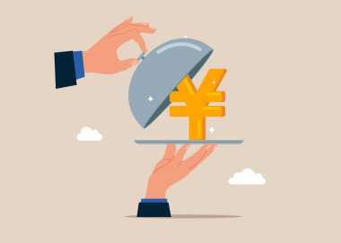 Japon para birimi sembolü Yen 'i görmek için gümüş saati açın. Tasarruf, hesapta para toplama, açık banka mevduatı. İş, teknoloji ve yatırım için dünya ekonomik vizyonu. Düz vektör illüstrasyonu