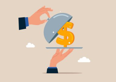 Amerikan para birimi sembolü Dolar 'ı görmek için gümüş saati açın. Tasarruf, hesapta para toplama, açık banka mevduatı. İş, teknoloji ve yatırım için dünya ekonomik vizyonu. Düz vektör illüstrasyonu