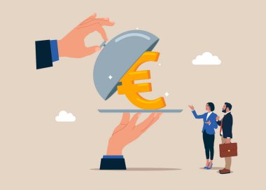 Avrupa para birimi sembolü Euro 'yu görmek için gümüş saati açın. Tasarruf, hesapta para toplama, açık banka mevduatı. İş, teknoloji ve yatırım için dünya ekonomik vizyonu. Düz vektör illüstrasyonu