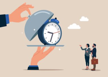 Saati görmek için gümüş saati aç. 7 / 24 destek servisi, çalışma saatleri. Açık zaman. Uzun vadeli yatırım başarısı. Vektör illüstrasyonu