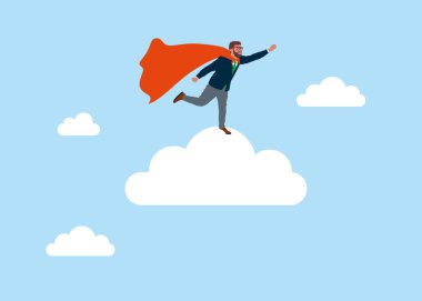 Süper kahraman hayalperest bulutların üzerinde duruyor. İş sorununu çöz. Düz biçimli modern vektör illüstrasyonu