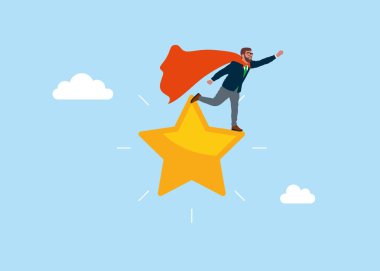 Süper kahraman hayalperest sarı yıldızın üzerinde duruyor. İş sorununu çöz. Düz vektör illüstrasyonu