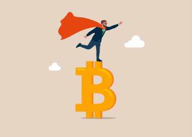 Hayalperest Süper kahraman Bitcoin para sembolü üzerinde duruyor. Kripto para kazanma ve dijital finans e-ticareti. Fırsatlar, kararlar, yeni fikirler. Vektör illüstrasyon kavramı.