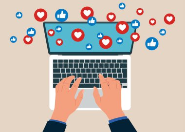 Dizüstü bilgisayarla çalışan bir adamın en üst görüntüsü. İş adamı Sosyal Medya Bağımlısı Bilgisayar Mahkumu. Sağlık sorunları. Modern düz stil konsept vektör çizimi. Modern yaşam tarzı.