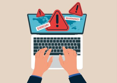 Dizüstü bilgisayarla çalışan iş adamlarının en üst görüntüsü. Internet Problem Uyarı Programcılarıyla Yapım Altında Site. Sistem Çalışma Hatası, 404 Bakım Sayfası Bulunamadı. Vektör illüstrasyonu