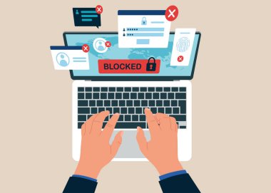 Dizüstü bilgisayarla çalışan bir adamın en üst görüntüsü. Masadaki işadamı engellenmiş kimlik kartıyla bilgisayar ekranına bakıyor. Hacker Siber Saldırısı, Sansür. Düz biçimli modern vektör illüstrasyonu.