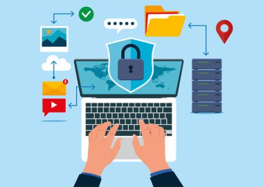 Dizüstü bilgisayarla çalışan bir adamın en üst görüntüsü. Bilgisayar ekranında asma kilit olan bir kalkan. Veri güvenliği teknolojisi kavramı. Bilgi depolama ve indeksleme. Düz vektör illüstrasyonu.