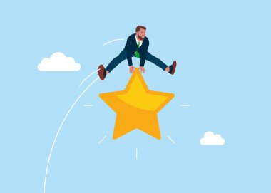 İş adamı yıldızın üstüne atlıyor. İşçi işçiler sorunları çözer. Daha fazla maaş veya yatırım karı, vergi yükü veya mali sorun ve güçlük kazanmak için sıkı çalışma ve çaba