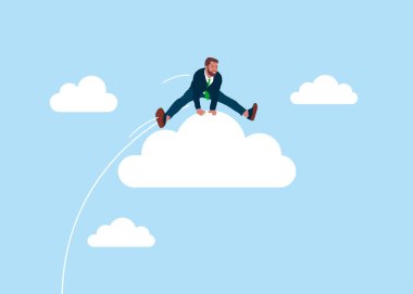 Motive olmuş iş adamı bulutların üstünde zıplıyor. İşçi işçiler sorunları çözer. Düz vektör illüstrasyonu