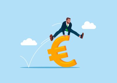 İşadamı avroya atlıyor. İşçi işçiler sorunları çözer. Avro para fiyatının yükselmesi rekor kıran yeni bir konsept. Meydan okuma konsepti. Vektör illüstrasyonu.