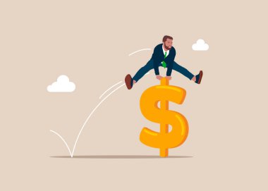 İşadamı işaret parasıyla atlıyor. İşçi işçiler sorunları çözer. Yükselen dolar fiyatı yeni rekor konsepti vurdu. Meydan okuma konsepti. Vektör illüstrasyonu.