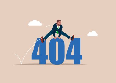 İşadamı 404 tabelasından atlıyor. İşçi işçiler sorunları çözer. İş iletişimi bozuldu. Yanlış anlamanın sembolü, müzakere sorunları, iletişim eksikliği, tartışma. 