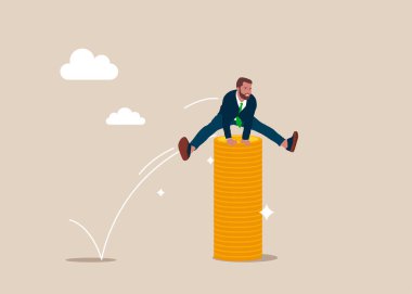 Para yığınının üzerinden atlayan motive bir iş adamı. İşçi işçiler sorunları çözer. Düz vektör illüstrasyonu