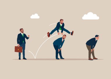 Hırs, rekabet ve iş hayatında hızla ilerlemek. İş adamı başka bir iş adamının üstünden atlıyor, engelleri aşıyor, meydan okuyor, zorluklar, hayat sıkıntıları, sorunlar. Vektör illüstrasyonu