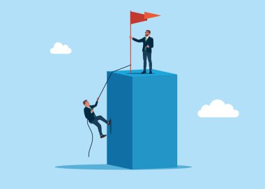İş konsepti, şirket başarısı, kariyer yolu. İşadamı ipe tırmanır. Düz vektör illüstrasyonu