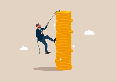 İş konsepti, şirket başarısı, kariyer yolu. İşadamı, madeni paraların tepesine tırmanır. Düz vektör illüstrasyonu