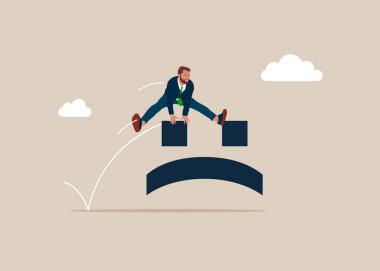 Kızgın yüzün üzerinden atlayan bir iş adamı. İşçi işçiler sorunları çözer. Risk yönetimi, yorucu iş yorgunluğu ya da başarısızlıktan kaynaklanan yıkım, stres. Düz vektör illüstrasyonu