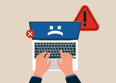 Dizüstü bilgisayarla çalışan bir adamın en üst görüntüsü. İşletim sistemi hatası. Güvenlik alarmı ya da donanım hatası onarılmalı, bakım. Düz vektör illüstrasyonu