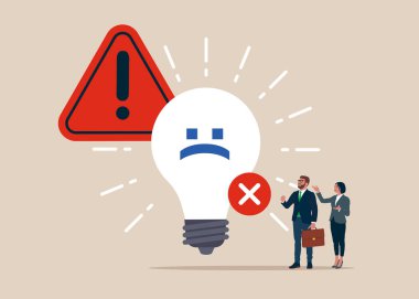 Üzgün gülümseyen lambalı iş adamları. İş geliştirme için kazanan bir fikir yok. İşletim sistemi hatası. Güvenlik alarmı. Düz vektör illüstrasyonu