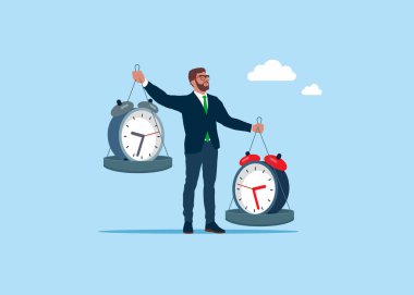 İş adamı terazi gibi hareket eder ve teraziyi tartır. Saatin iki varyasyonunun karşılaştırılması. 7 / 24 destek servisi, çalışma saatleri. Düz biçimli modern vektör illüstrasyonu