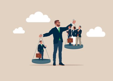İş adamı terazi gibi hareket eder ve teraziyi tartır. Yolsuzluk ve sahtekarlık. Liderlik için denge ve adalet. Düz vektör illüstrasyonu