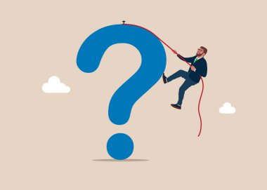 İş adamı soru işaretinin tepesine tırmanır. Kim, nerede, ne zaman, nasıl diye düşünüyorum. Sorunu çözmek için soru sormak, yeni fikre iş analizi yapmak. Düz vektör illüstrasyonu