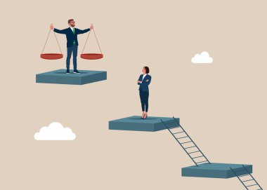 Ölçek olarak iş adamı. Kadın adalet terazisine bakıyor. Denge ve adalet. Prensipler ve iş ahlakı doğru şeyler yapmaktır. Düz vektör illüstrasyonu. 