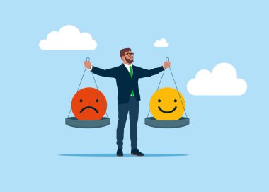 Ölçek olarak iş adamı. İşçi terazide iyi ve kötü ruh halini dengeler. Duygusal denge. Düz biçimli modern vektör illüstrasyonu