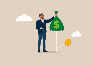 Boş para çantası tutan üzgün bir işadamı. Beş parasız insan. Bozuk para yok. Modern düz vektör illüstrasyonu