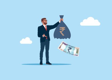 Boş para çantası tutan üzgün bir işadamı. Beş parasız insan. Hint Rupisi parası yok. Modern düz vektör illüstrasyonu