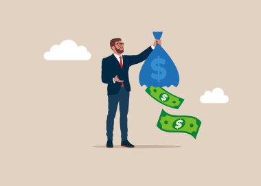 Boş para çantası tutan üzgün bir işadamı. Beş parasız insan. Dolar parası yok. Modern düz vektör illüstrasyonu