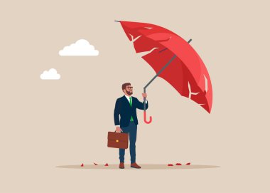 Hüsrana uğramış işadamı kırık bir şemsiyenin altında dikiliyor. Başarısızlık, hırs ve yeni yenilikler icat etme çabası, hatadan ders almak. Kriz ve sorunlar sırasında korunma. Vektör