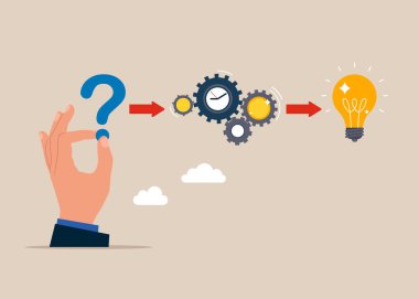 El ele tutuşarak soru işareti. Zorluk sorununu çözmek için fikir. Uzun vadeli yatırım başarısı, insanların işlerini bitirmesi için son teslim tarihi. Problem çözme yeteneği. Vektör illüstrasyonu