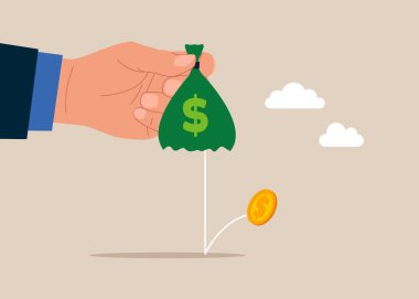 Boş para çantasıyla el ele tutuşun. Beş parasız insan. Bozuk para yok. Modern düz vektör illüstrasyonu